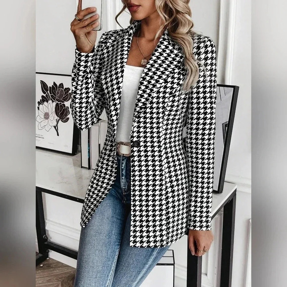 Women's Houndstooth Check Waist Slimming Blazer Jacket - Picture 1 of 7